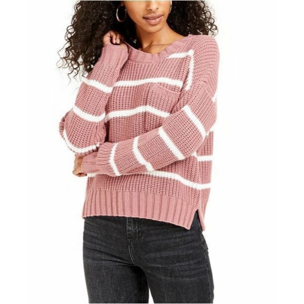 Hippie Rose Juniors Large Pink‎ Striped Knit Pocket Crew Neck Oversized Sweater